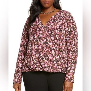 NWT HALOGEN Cross Front Blouse in Pink-Black Clouded Floral